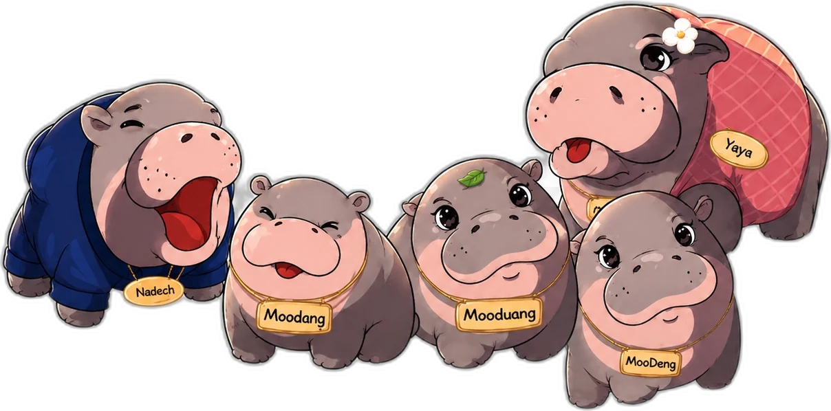 The MooDer hippo family: Nadech, Moodang, Mooduang, MooDeng and Yaya