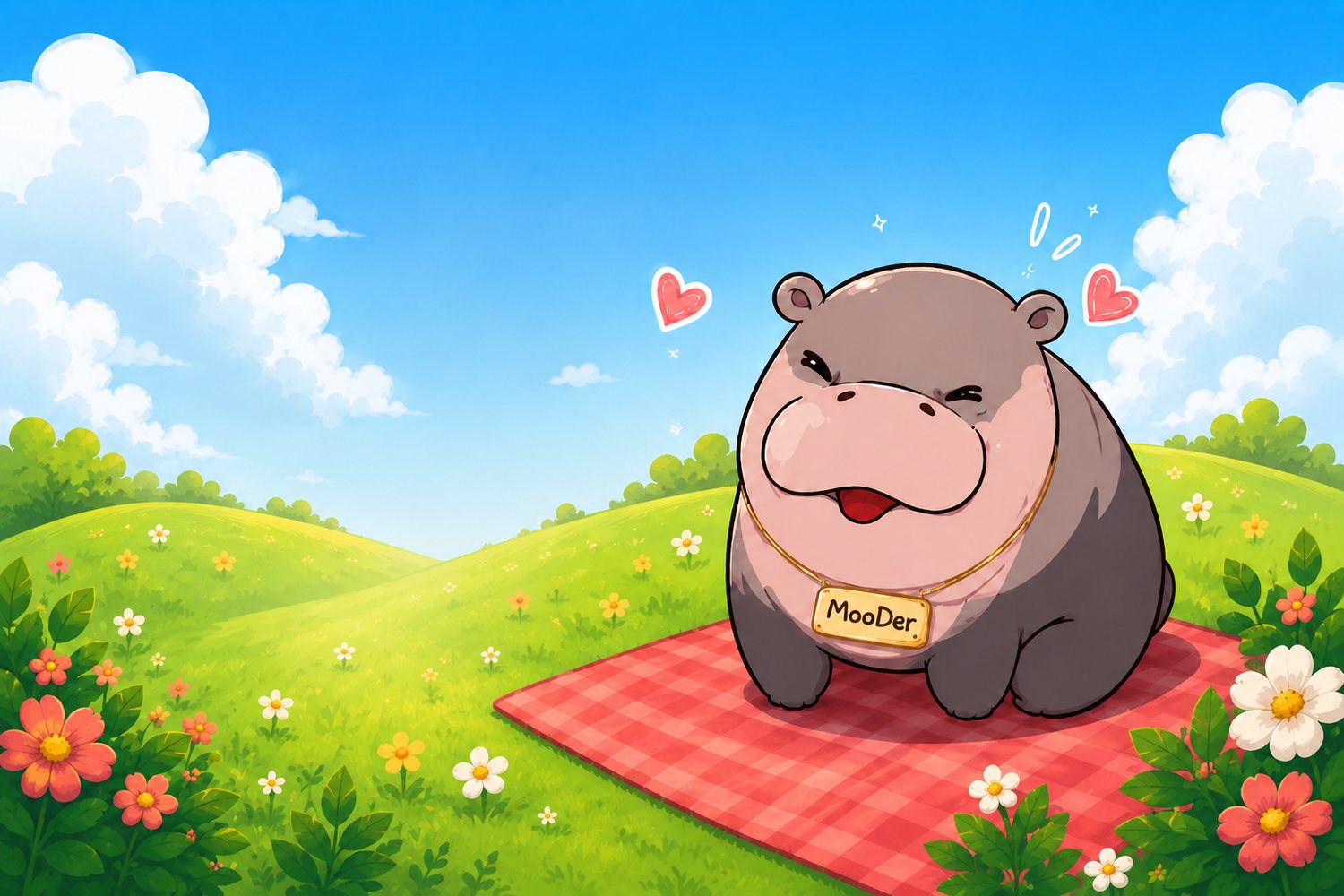 MooDer the round little hippo on a picnic blanket in a flower meadow